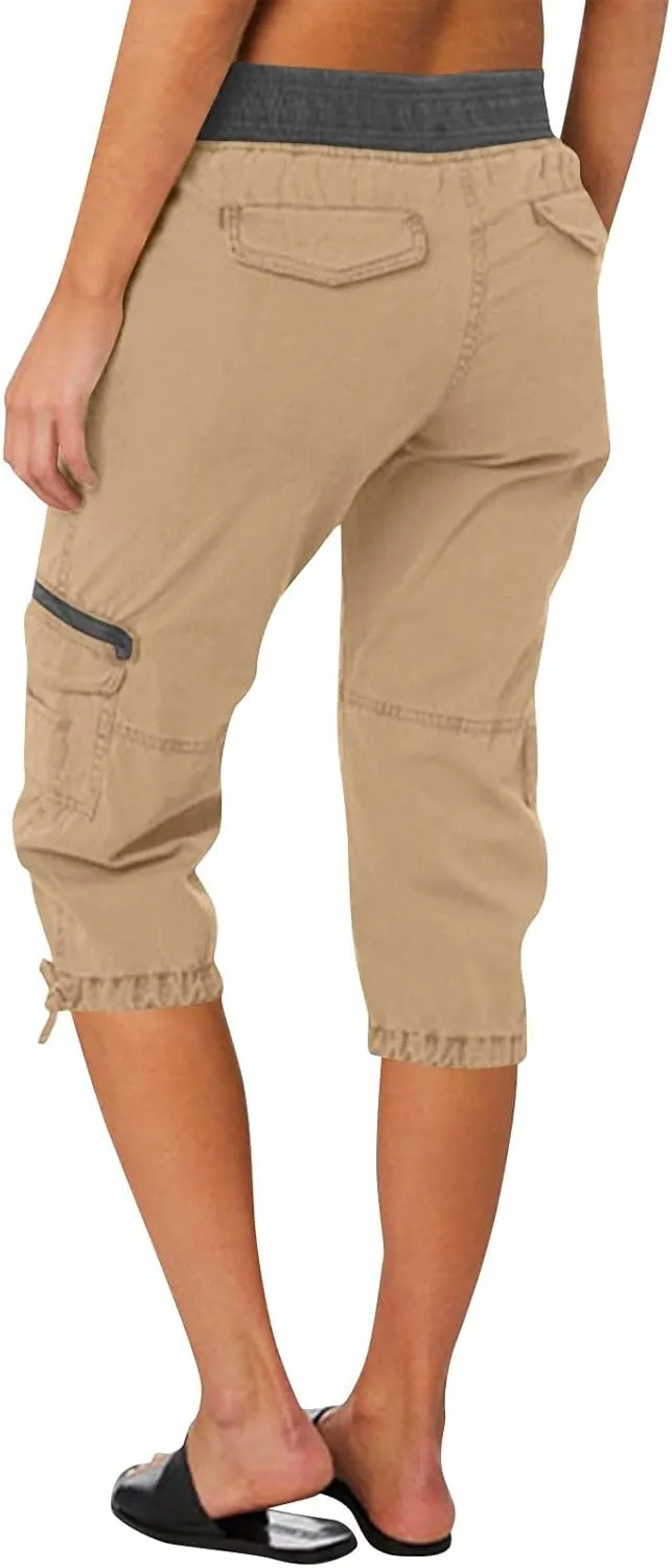 Women Cargo Capris Drawstring Elastic Waist Solid Capri Pants Multi-Pockets Hiking Travel Outdoor Trousers