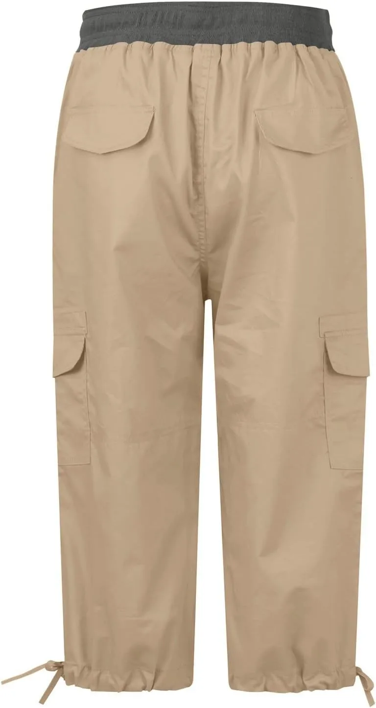 Women Cargo Capris Drawstring Elastic Waist Solid Capri Pants Multi-Pockets Hiking Travel Outdoor Trousers