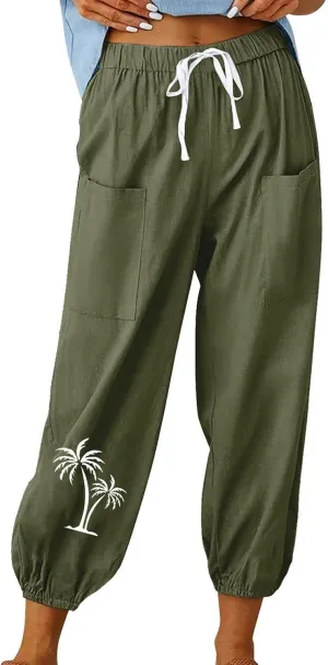 Women Cotton Linen Pants for Summer High Waisted Comfy Loose Casual Pant Trendy Graphic Printed Pants with Pockets