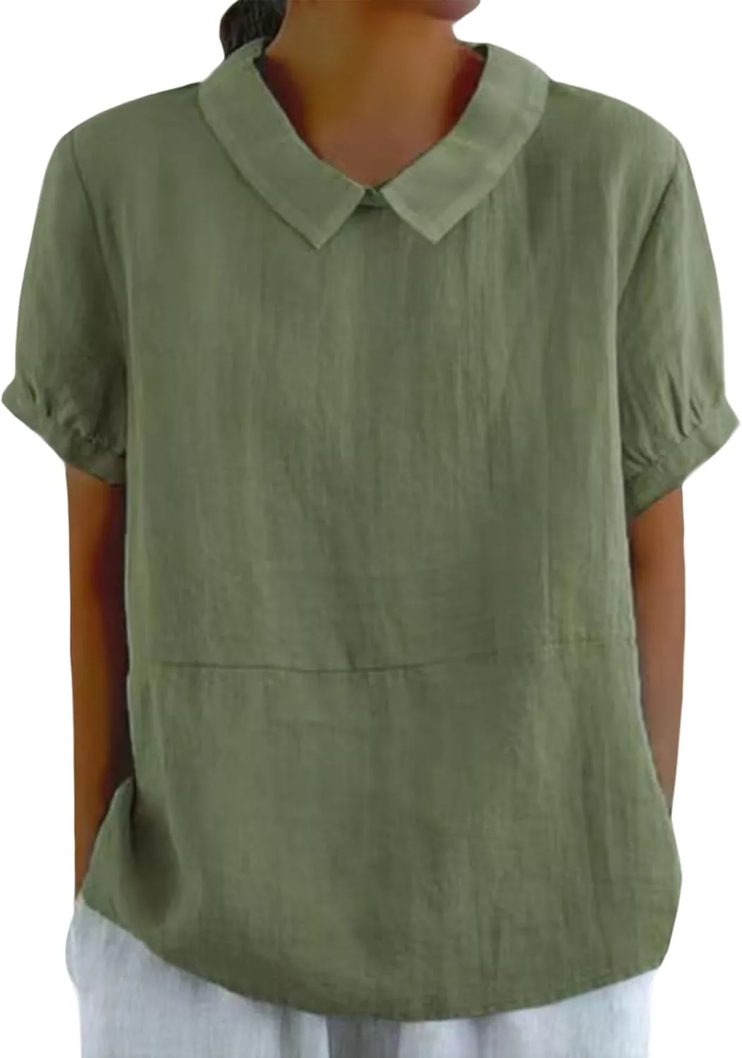 Women Cotton Linen Tops Summer Solid Collared Short Sleeve Shirt Casual Loose Tunic Tops Blouses 2024