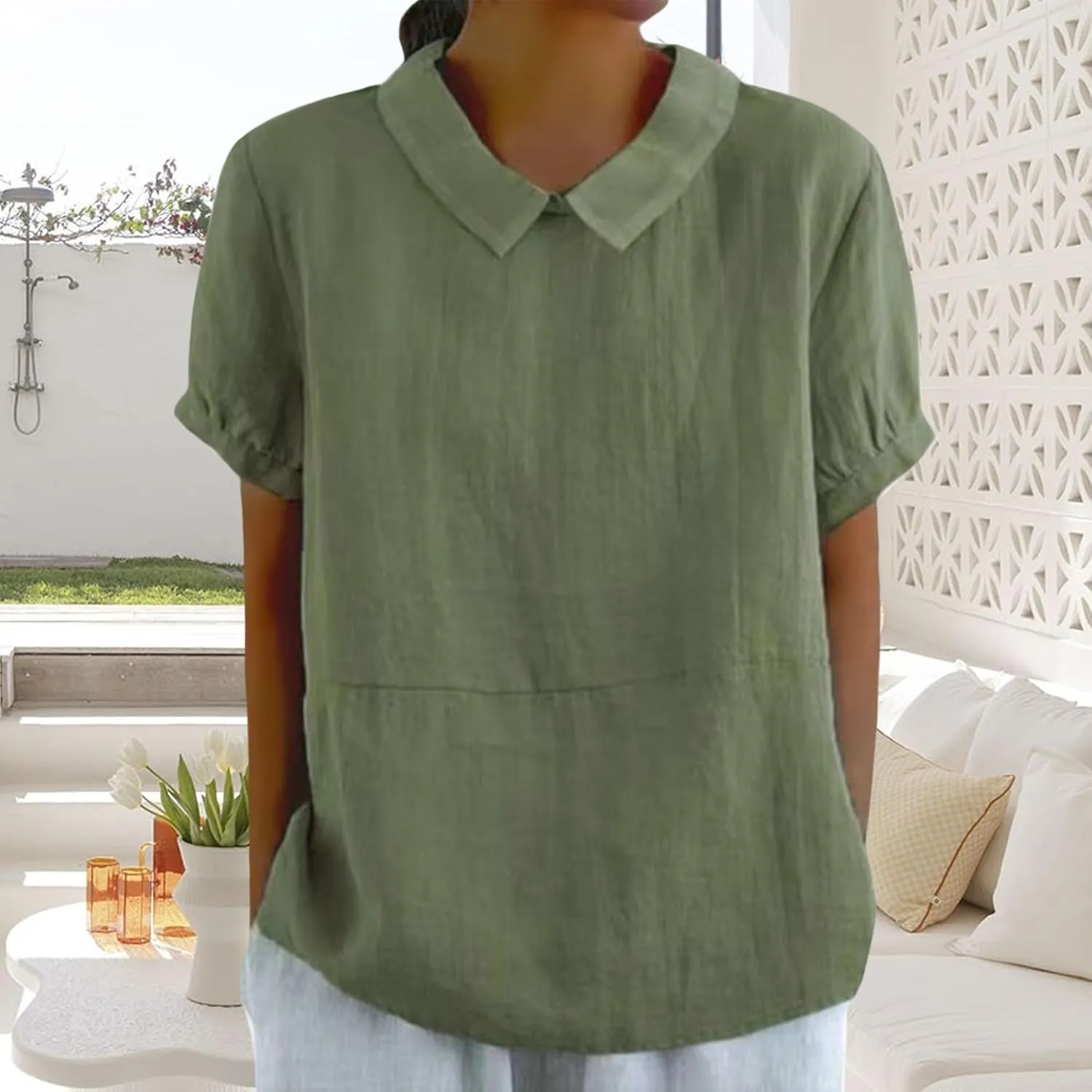 Women Cotton Linen Tops Summer Solid Collared Short Sleeve Shirt Casual Loose Tunic Tops Blouses 2024