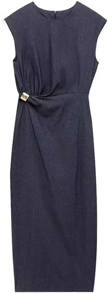 Women Denim Long Dresses Female Fashion Decoration Dress Crew Neck Sleeveless Midi Dress Woman