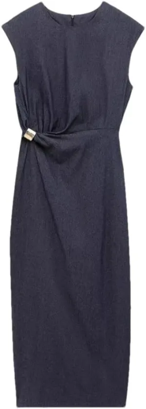 Women Denim Long Dresses Female Fashion Decoration Dress Crew Neck Sleeveless Midi Dress Woman