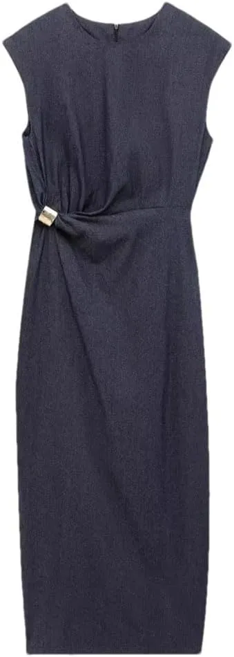 Women Denim Long Dresses Female Fashion Decoration Dress Crew Neck Sleeveless Midi Dress Woman