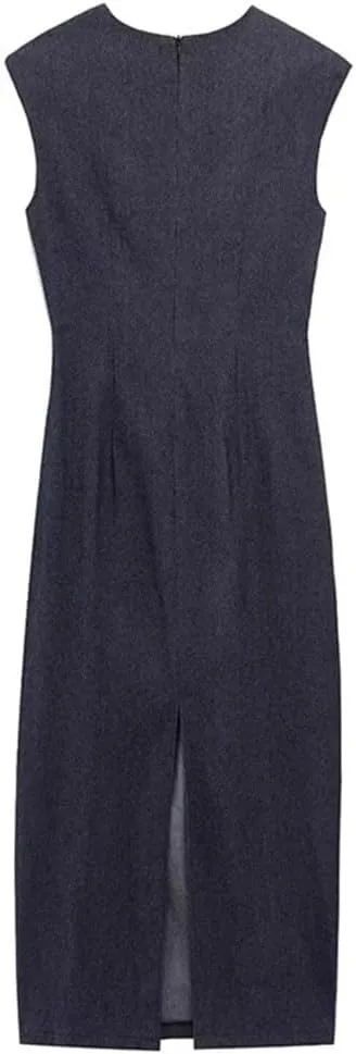 Women Denim Long Dresses Female Fashion Decoration Dress Crew Neck Sleeveless Midi Dress Woman