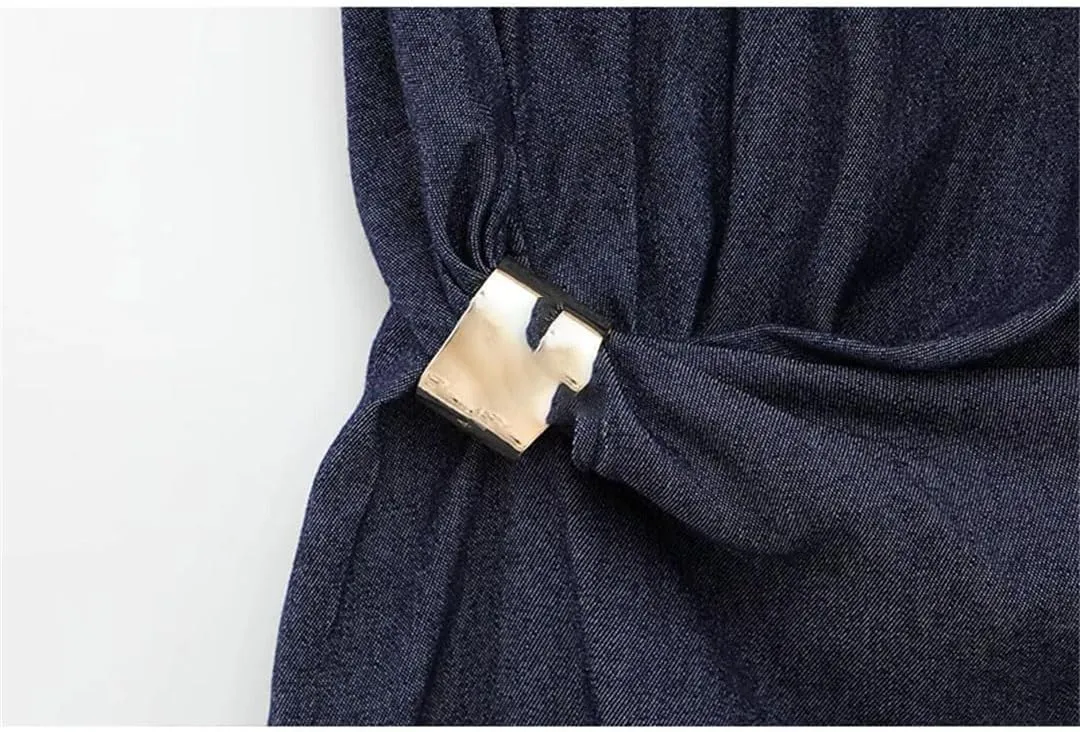 Women Denim Long Dresses Female Fashion Decoration Dress Crew Neck Sleeveless Midi Dress Woman