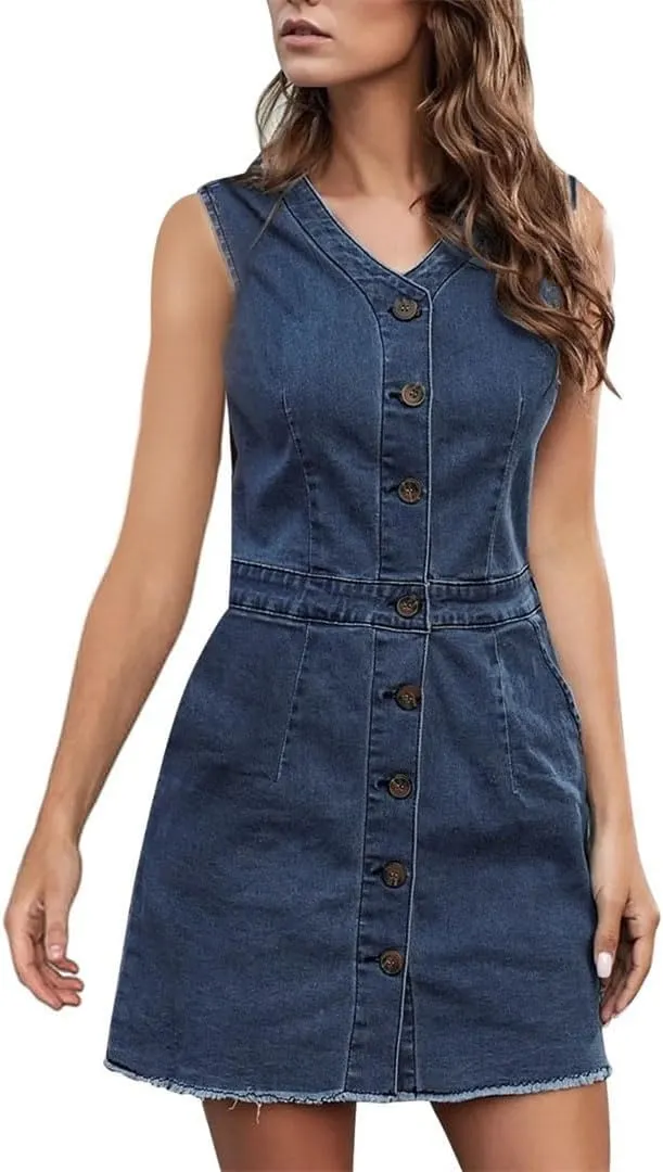 Women Denim V Neck Short Dress Single Breasted Tie Waist Jeans Sleeveless Casual Vestidos