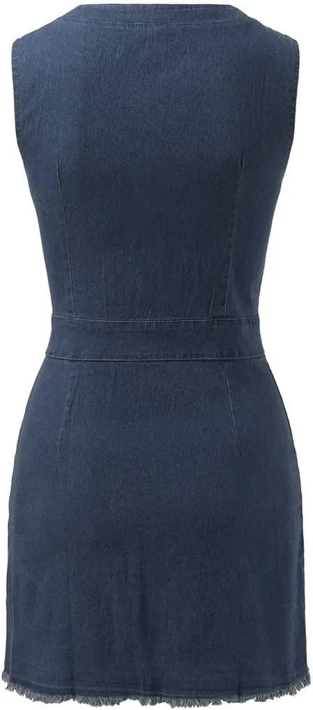 Women Denim V Neck Short Dress Single Breasted Tie Waist Jeans Sleeveless Casual Vestidos