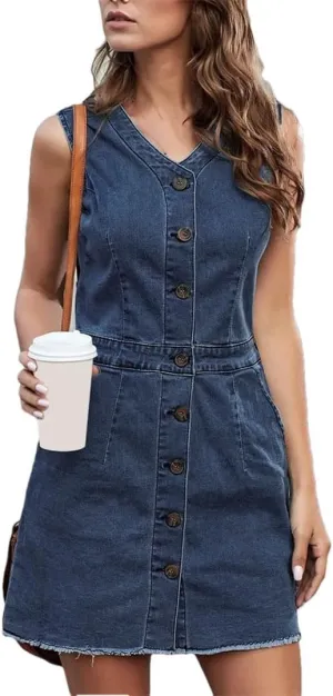 Women Denim V Neck Short Dress Single Breasted Tie Waist Jeans Sleeveless Casual Vestidos