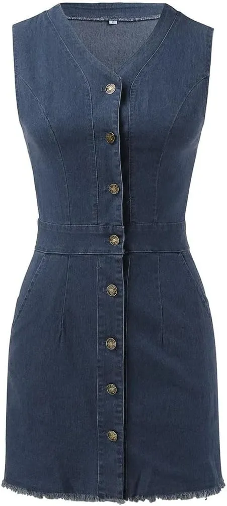 Women Denim V Neck Short Dress Single Breasted Tie Waist Jeans Sleeveless Casual Vestidos