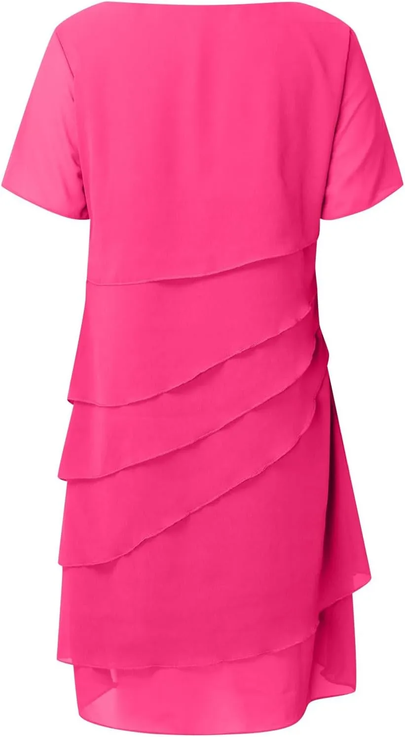 Women Elegant Layered Ruffle Chiffon Midi Dress Summer Flowy Short Sleeve Wedding Cocktail Party Evening Formal Dress