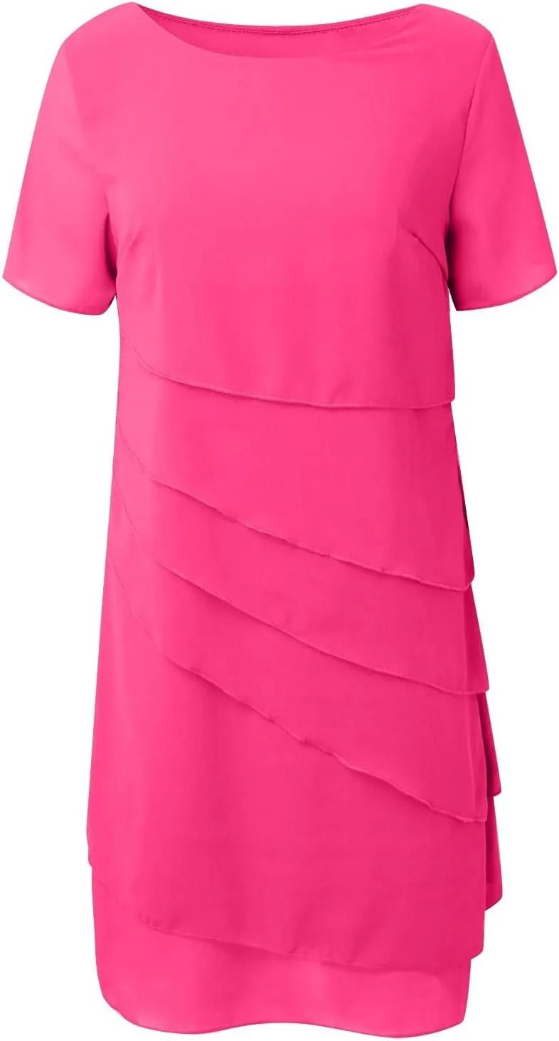 Women Elegant Layered Ruffle Chiffon Midi Dress Summer Flowy Short Sleeve Wedding Cocktail Party Evening Formal Dress