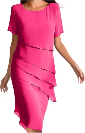 Women Elegant Layered Ruffle Chiffon Midi Dress Summer Flowy Short Sleeve Wedding Cocktail Party Evening Formal Dress