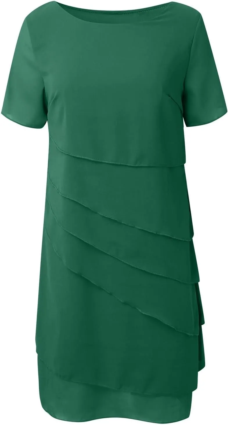 Women Elegant Layered Ruffle Chiffon Midi Dress Summer Flowy Short Sleeve Wedding Cocktail Party Evening Formal Dress