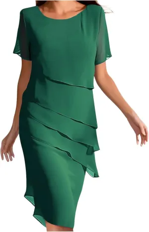 Women Elegant Layered Ruffle Chiffon Midi Dress Summer Flowy Short Sleeve Wedding Cocktail Party Evening Formal Dress