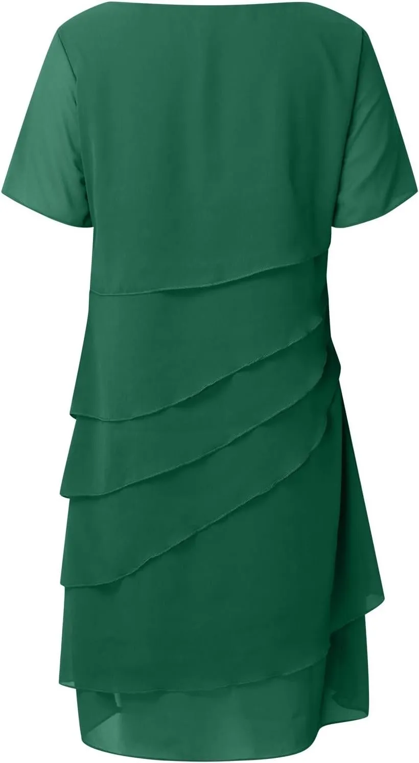 Women Elegant Layered Ruffle Chiffon Midi Dress Summer Flowy Short Sleeve Wedding Cocktail Party Evening Formal Dress