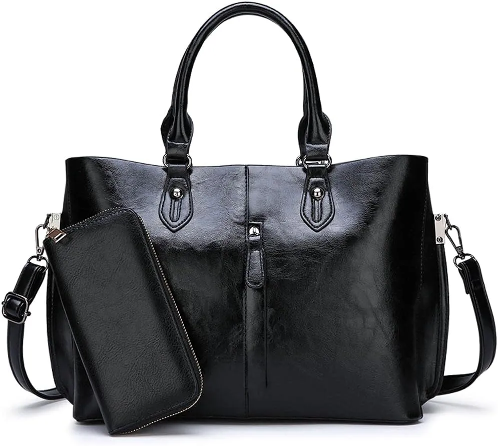 Women Handbags Top Handle Satchel Shoulder Bags Messenger Tote Bag Purses for Ladies 2 Pcs Set-Black