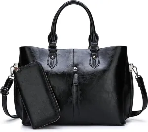 Women Handbags Top Handle Satchel Shoulder Bags Messenger Tote Bag Purses for Ladies 2 Pcs Set-Black