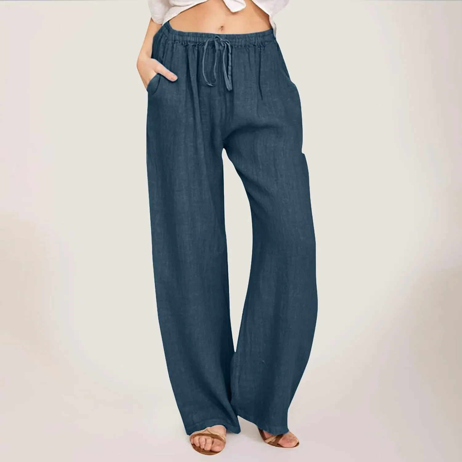 Women Linen Blend Summer Comfy Palazzo Lounge Pants Elastic Waisted Baggy Stretchy Loose Fit Pant Trousers