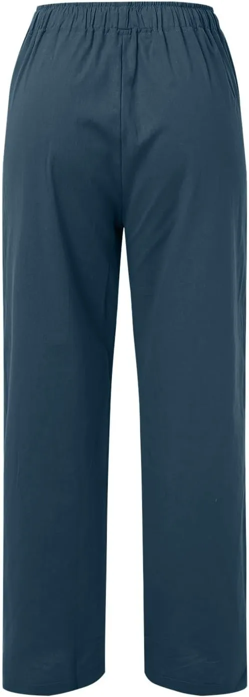 Women Linen Blend Summer Comfy Palazzo Lounge Pants Elastic Waisted Baggy Stretchy Loose Fit Pant Trousers