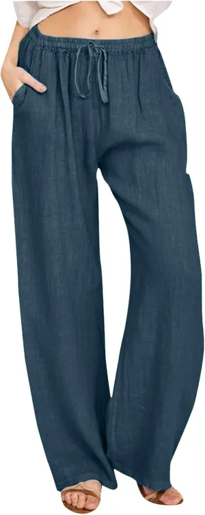 Women Linen Blend Summer Comfy Palazzo Lounge Pants Elastic Waisted Baggy Stretchy Loose Fit Pant Trousers