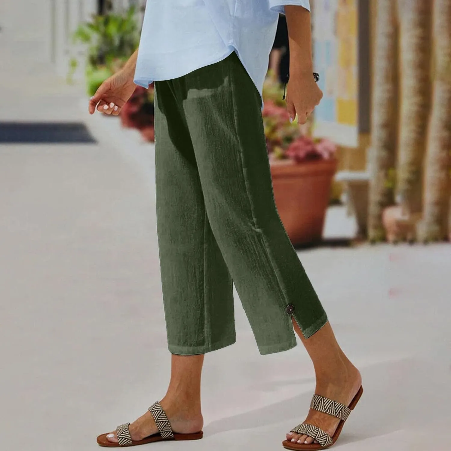 Women Linen Pants Summer and Linen Buttoned Cropped Pants with Elastic Waist for Women's Womens Linen Pants Straight Leg