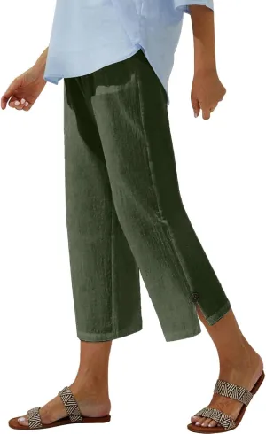 Women Linen Pants Summer and Linen Buttoned Cropped Pants with Elastic Waist for Women's Womens Linen Pants Straight Leg