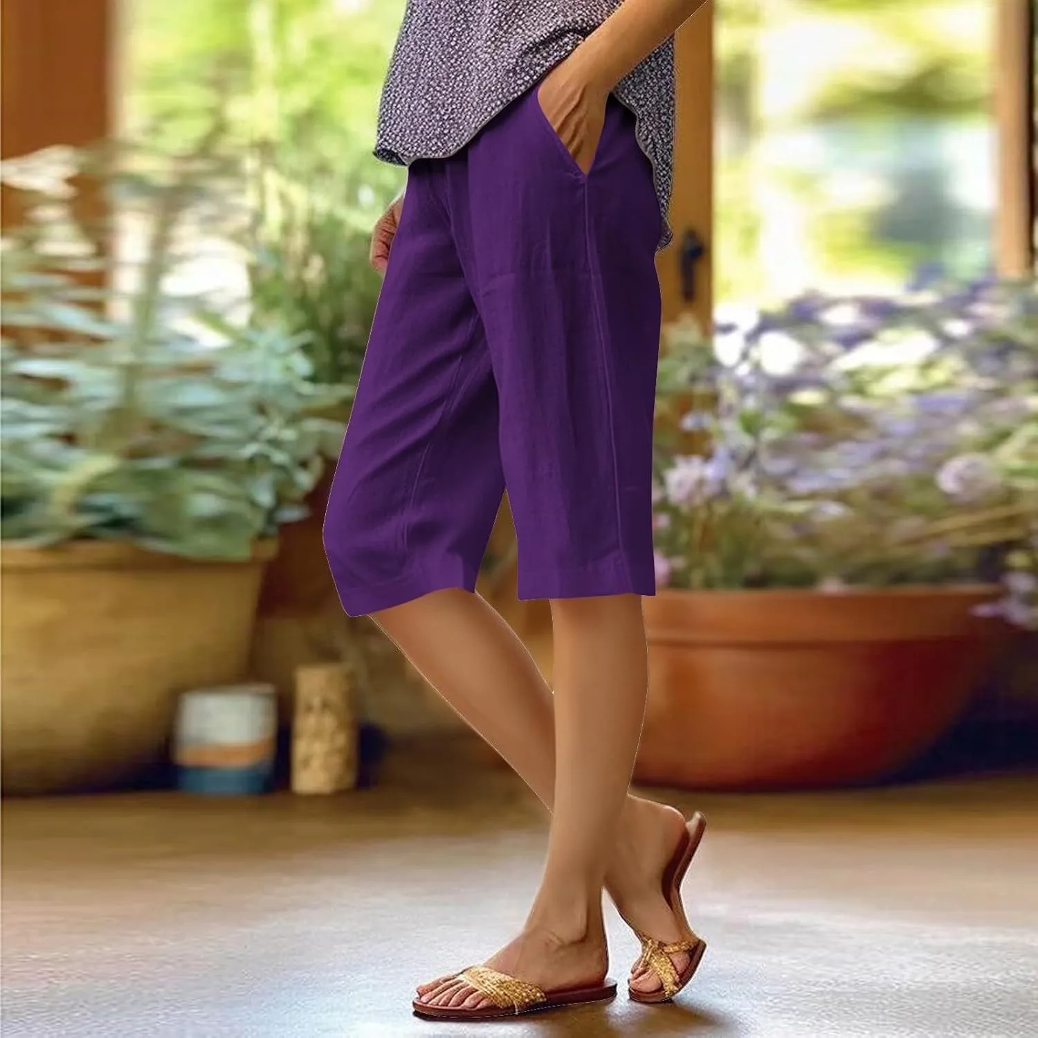 Women Linen Pants Summer Waist Cotton Trouser Cropped Wide Leg Pants High Waist Linen Pants Women