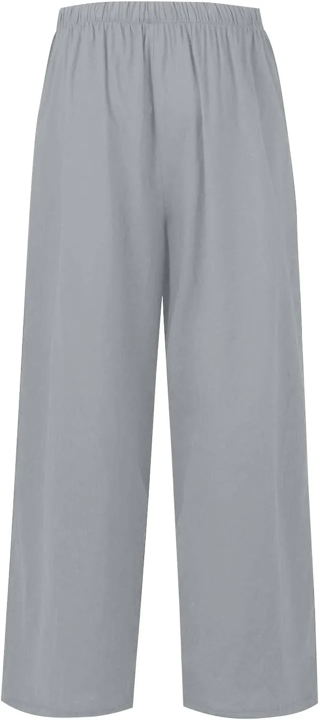Women Pants Plus Size Straight Leg Fit Pants Dressy Summer Drawstring High Waisted Trousers with Pockets