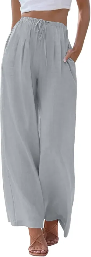 Women Pants Plus Size Straight Leg Fit Pants Dressy Summer Drawstring High Waisted Trousers with Pockets