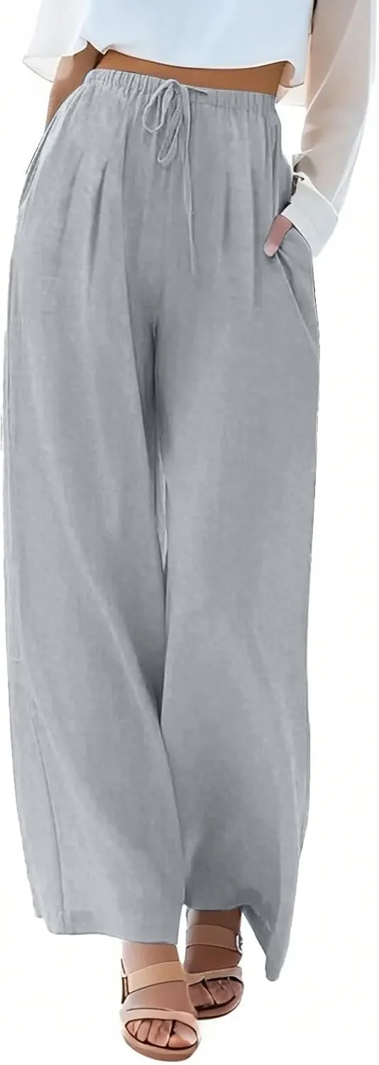 Women Pants Plus Size Straight Leg Fit Pants Dressy Summer Drawstring High Waisted Trousers with Pockets