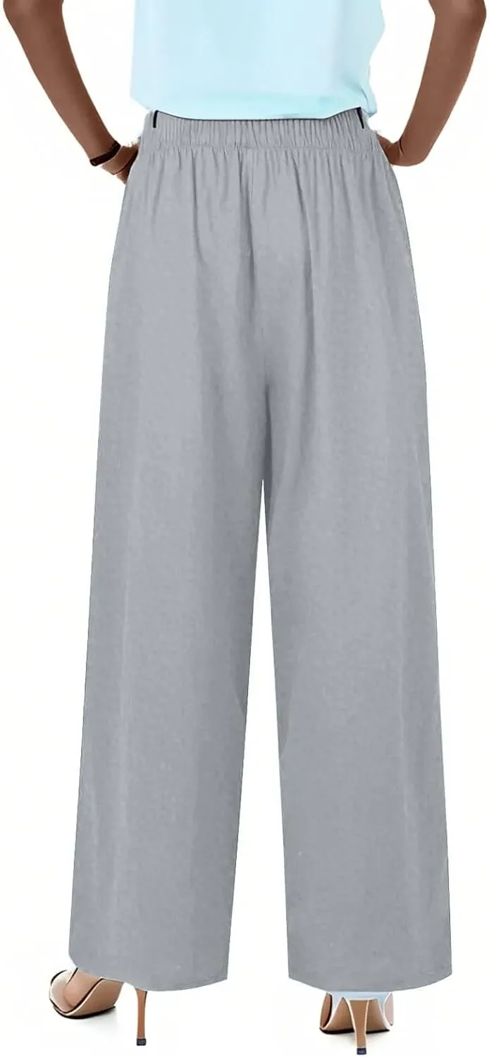 Women Pants Plus Size Straight Leg Fit Pants Dressy Summer Drawstring High Waisted Trousers with Pockets