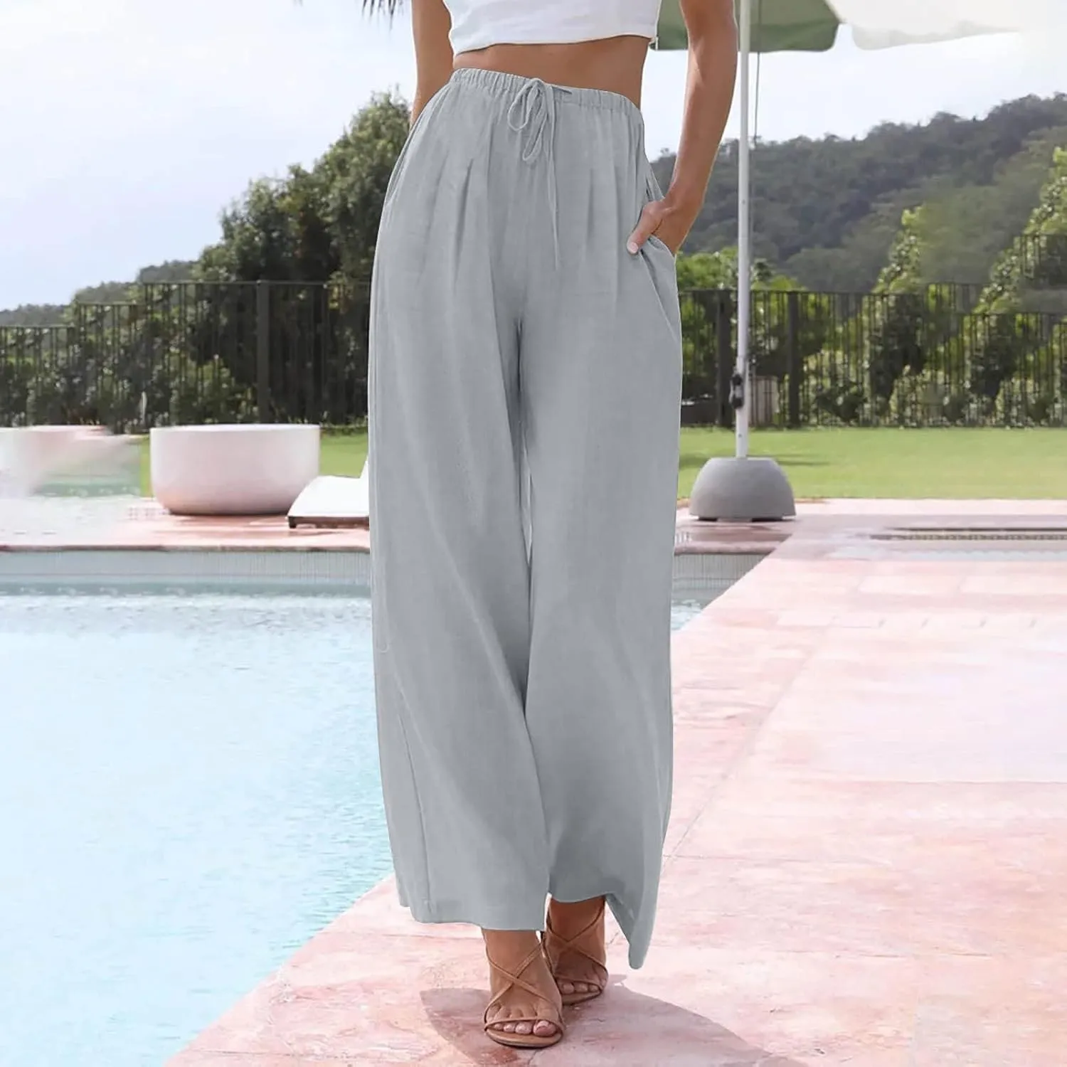 Women Pants Plus Size Straight Leg Fit Pants Dressy Summer Drawstring High Waisted Trousers with Pockets