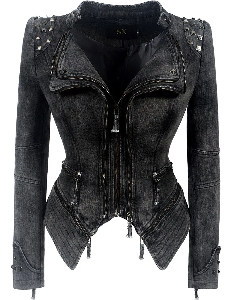 Women punk rivet short slim jacket