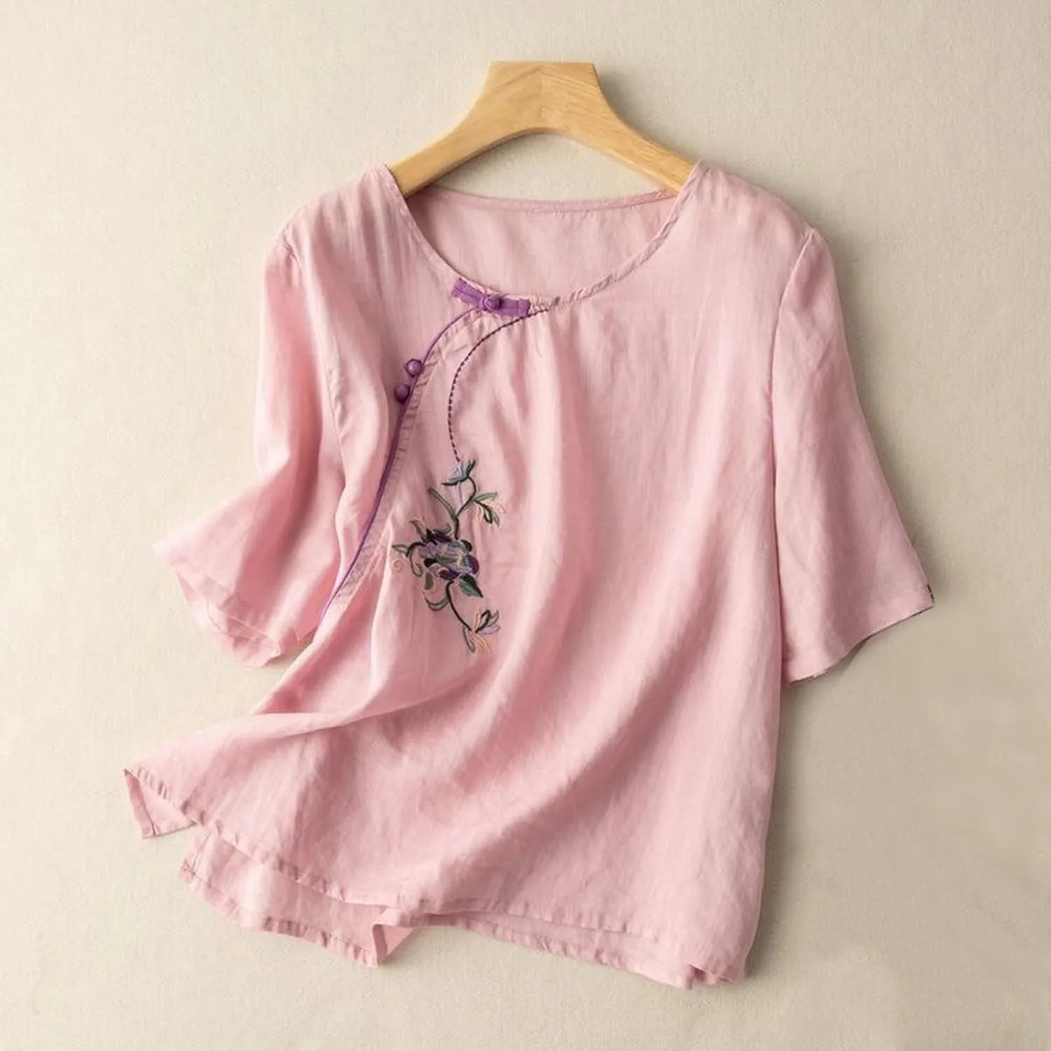 Women Retro Shirts Linen Short Sleeve V-Neck Lightweight Shirt Casual Loose Plain Solid Blouse Tunic Tops