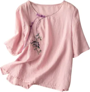 Women Retro Shirts Linen Short Sleeve V-Neck Lightweight Shirt Casual Loose Plain Solid Blouse Tunic Tops