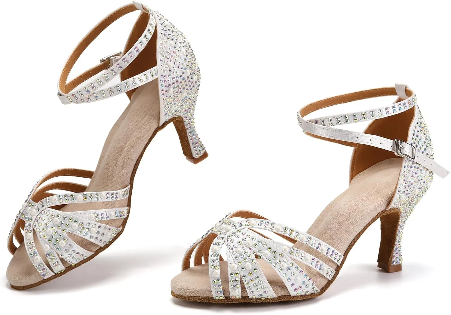 Women Rhinestones Ballroom Dance Shoes Latin Salsa Bachata Practice Performance Dancer Dancing Shoes, Model QRX-L506-7.5