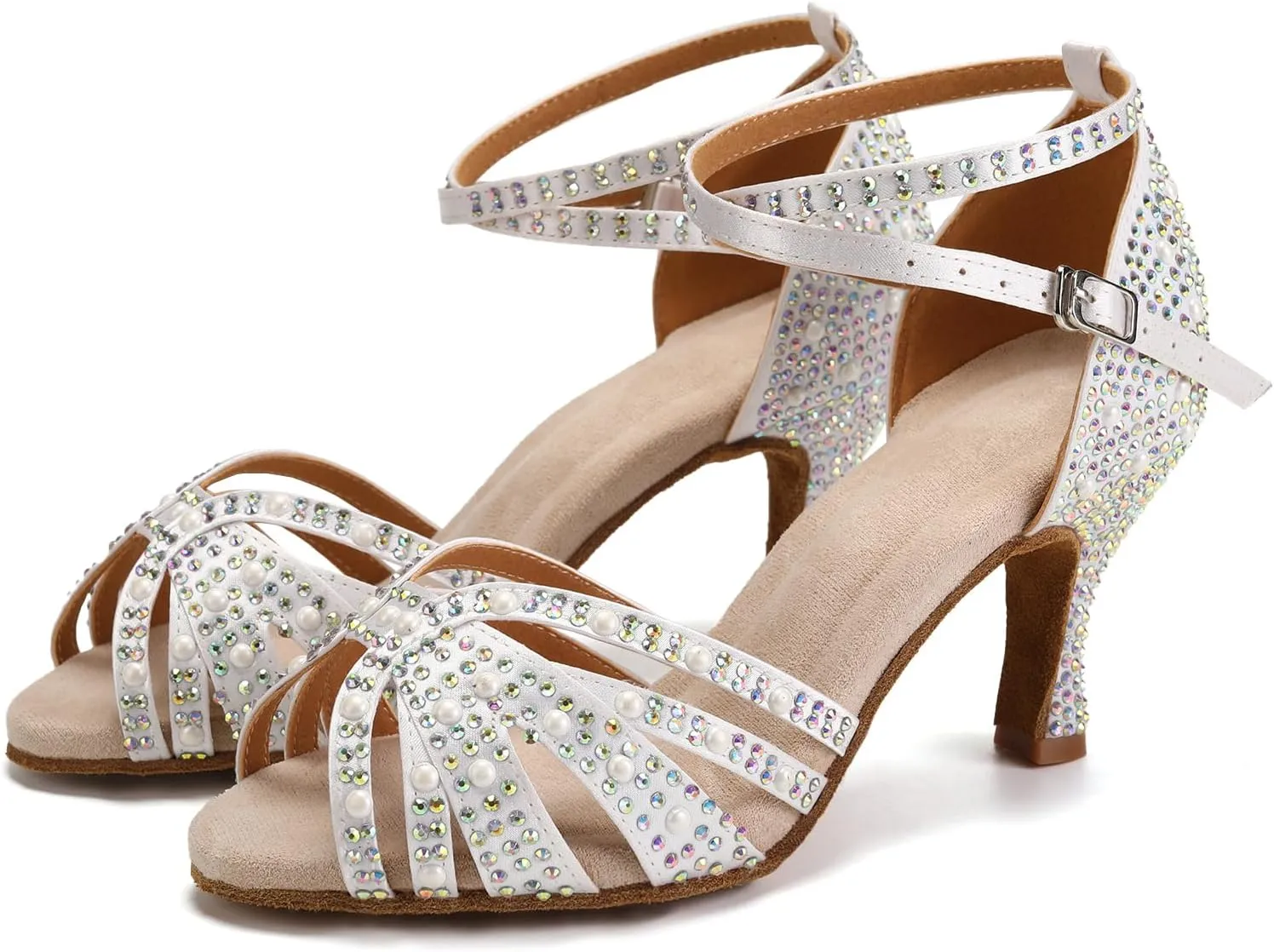 Women Rhinestones Ballroom Dance Shoes Latin Salsa Bachata Practice Performance Dancer Dancing Shoes, Model QRX-L506-7.5