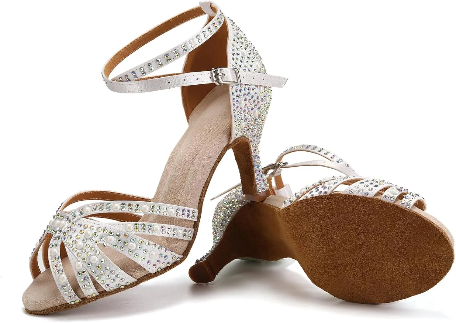 Women Rhinestones Ballroom Dance Shoes Latin Salsa Bachata Practice Performance Dancer Dancing Shoes, Model QRX-L506-7.5