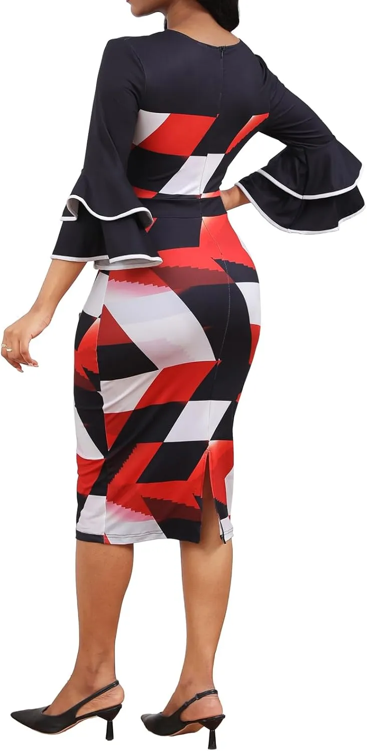 Women Sexy Dresses Bodycon Church 3/4 Sleeve African Print Pencil Party Office Dress Work with Split