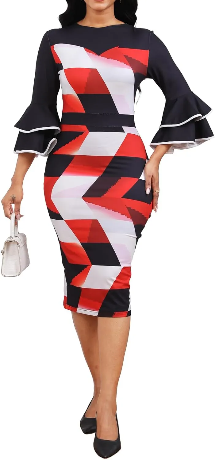 Women Sexy Dresses Bodycon Church 3/4 Sleeve African Print Pencil Party Office Dress Work with Split