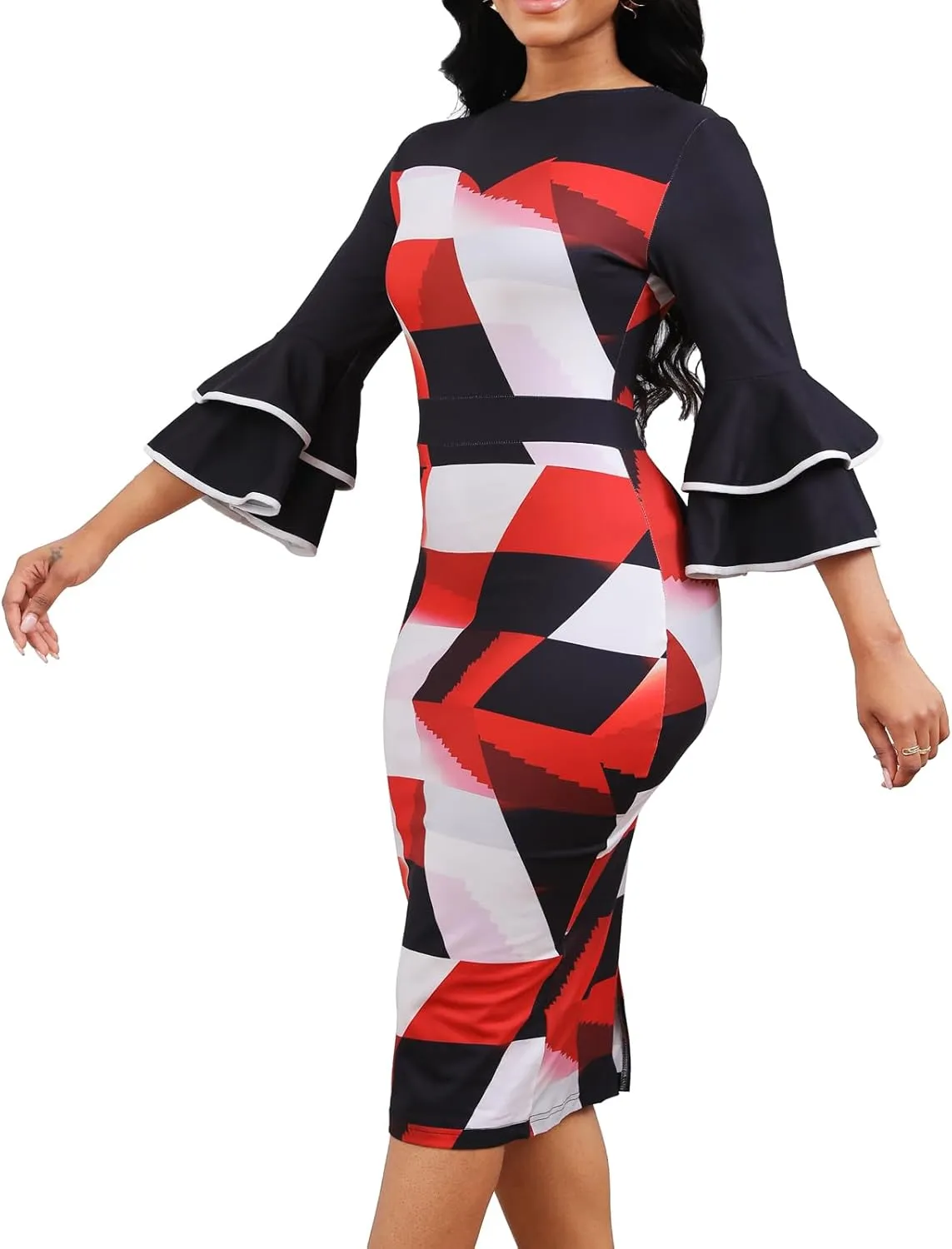 Women Sexy Dresses Bodycon Church 3/4 Sleeve African Print Pencil Party Office Dress Work with Split