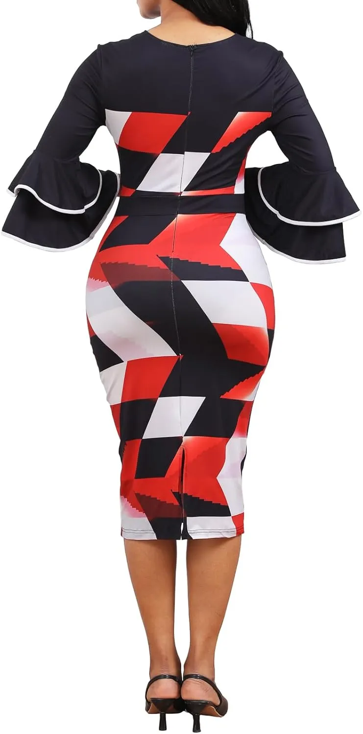 Women Sexy Dresses Bodycon Church 3/4 Sleeve African Print Pencil Party Office Dress Work with Split