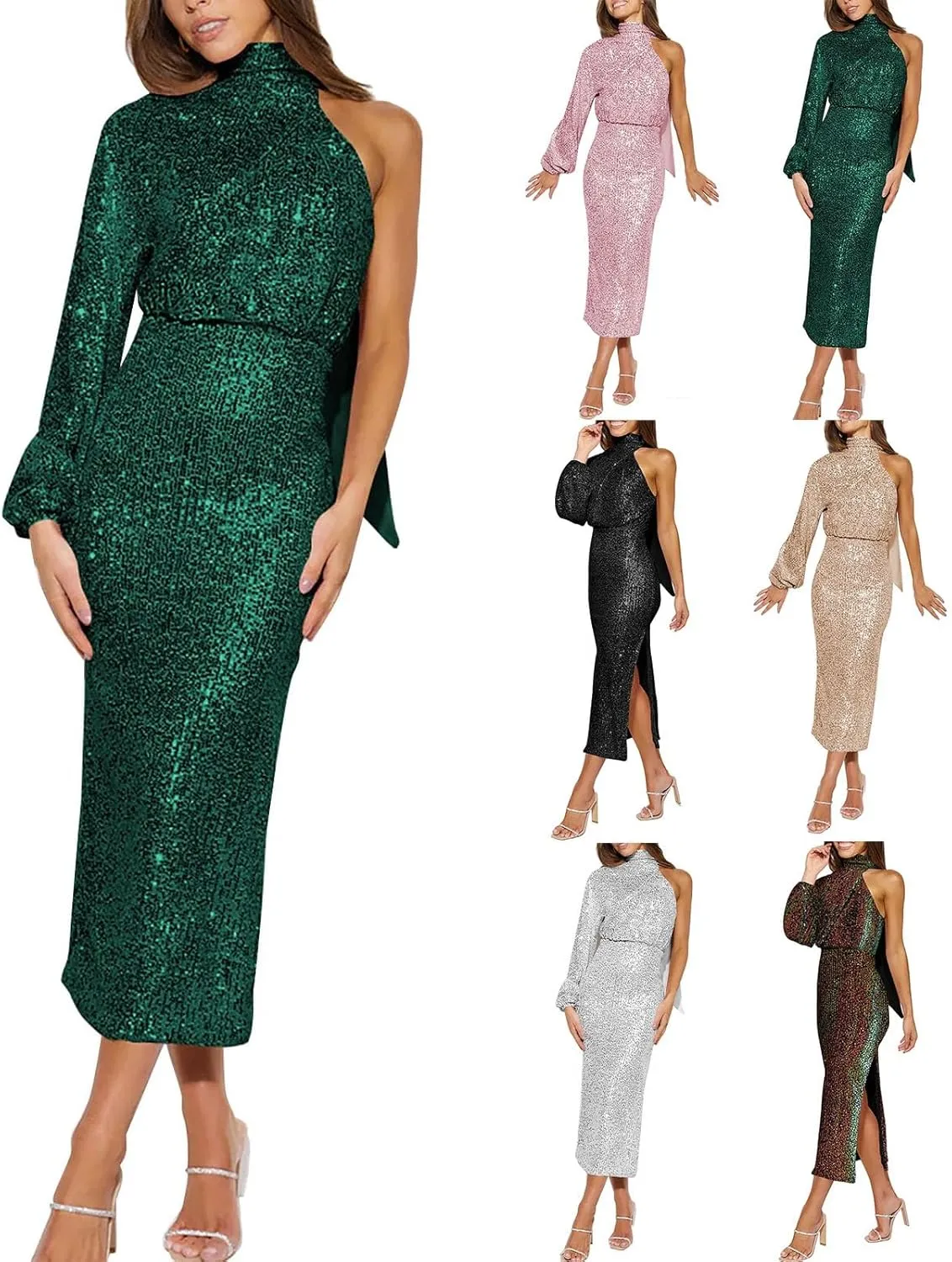 Women Sexy Sequin One Shoulder Long Sleeve Glitzy Bodycon Midi Dress Party Cocktail Dress Flapper Dresses for Women