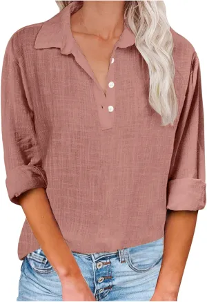 Women Solid Color Linen Shirts Long Sleeve Button V Neck Tops Office Work Tshirt Dressy Casual Fall Blouses
