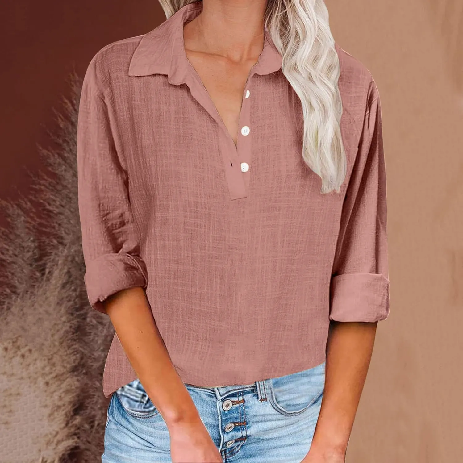Women Solid Color Linen Shirts Long Sleeve Button V Neck Tops Office Work Tshirt Dressy Casual Fall Blouses