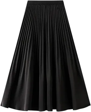 Women Spring Summer High Waisted Satin Pleated Midi Long Skirt Korean Style Elegant Loose Skirts