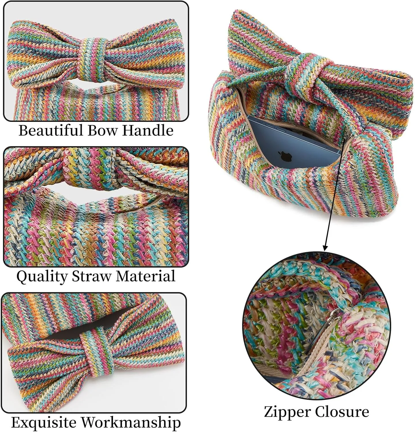 Women Straw Clutch Purses Bow Purse Summer Beach Bags Stylish Handmade Woven Handbags for Party Wedding Vacation
