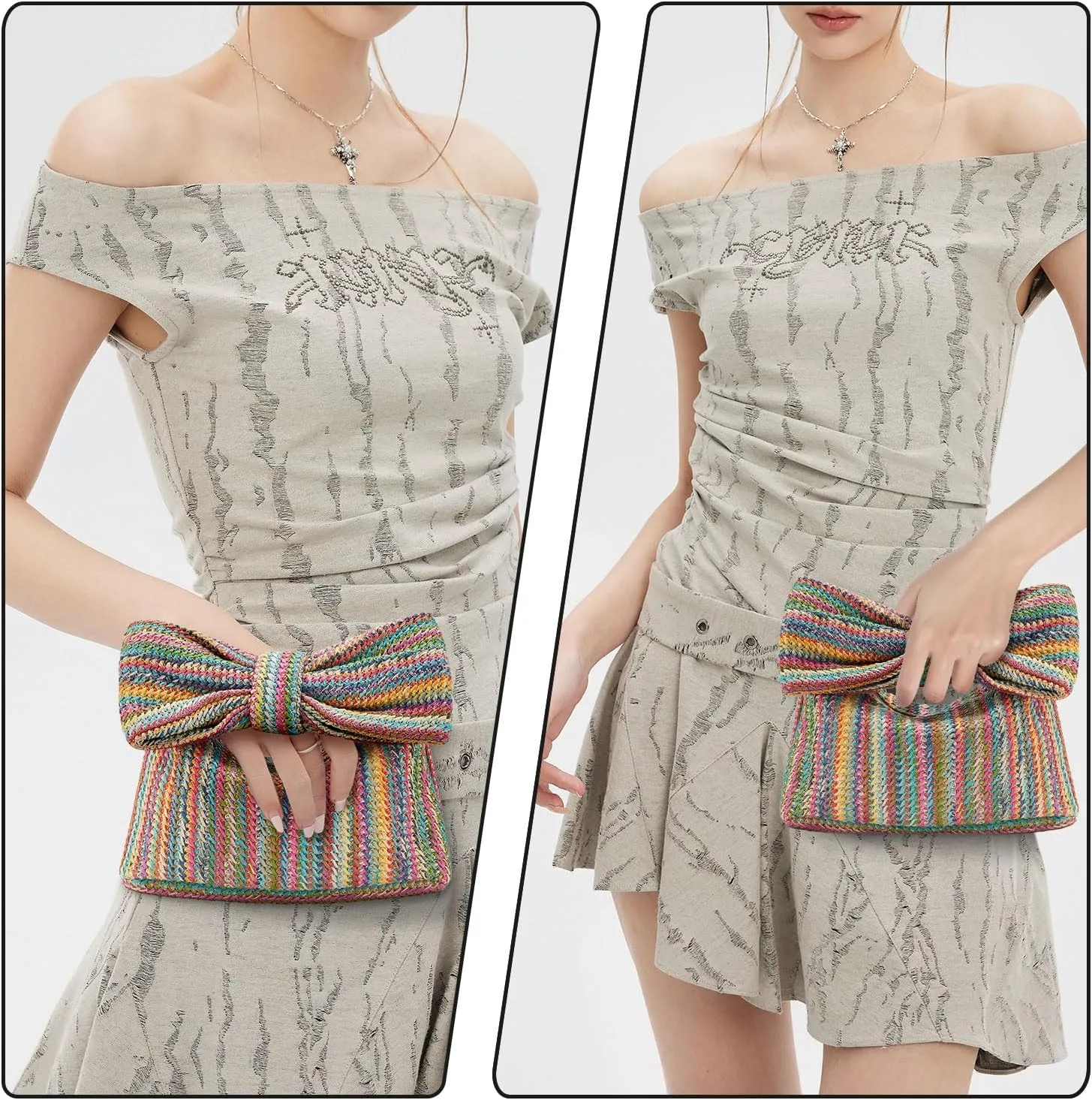 Women Straw Clutch Purses Bow Purse Summer Beach Bags Stylish Handmade Woven Handbags for Party Wedding Vacation