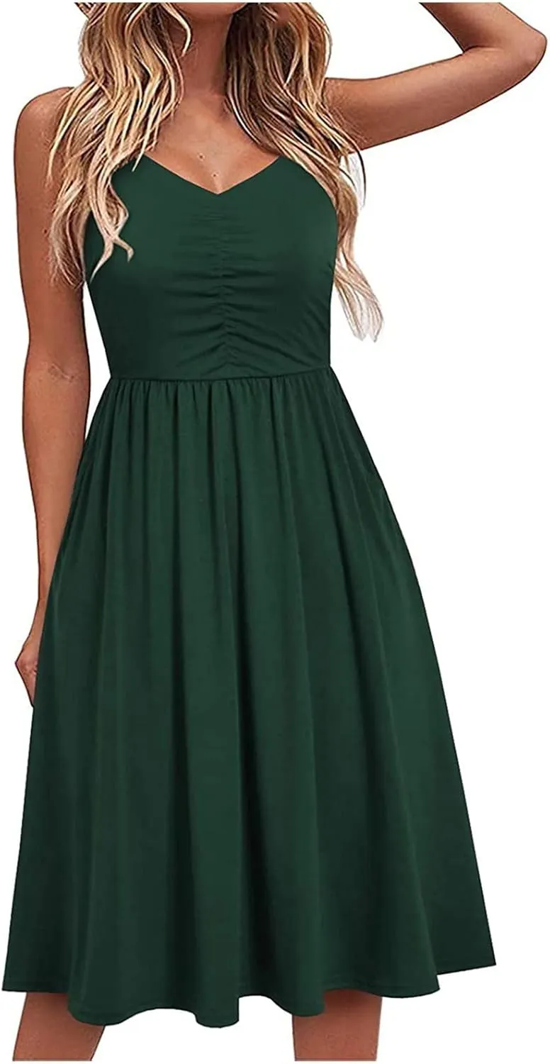 Women Summer Dresses Spaghetti Strap Simple Solid Color Sundresses Trendy Loose Casual Vacation Short Dresses